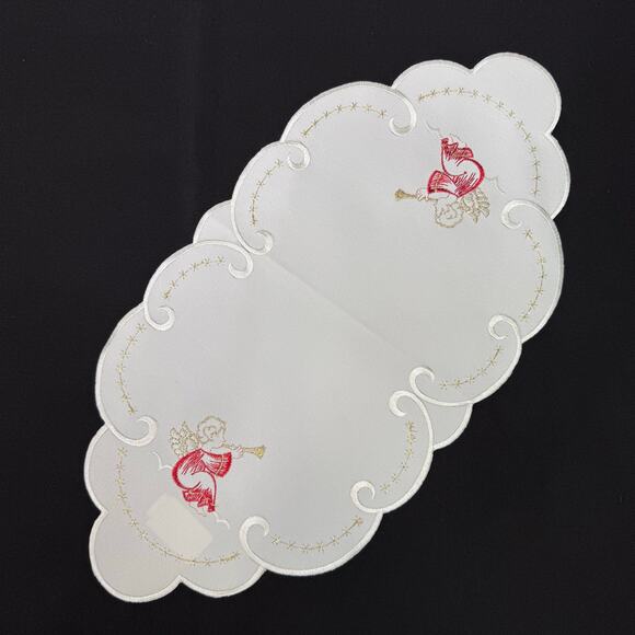 German Embroidered Christmas Angel Table Runner Mat 9x18 Metallic Gold Thread - Picture 2 of 4